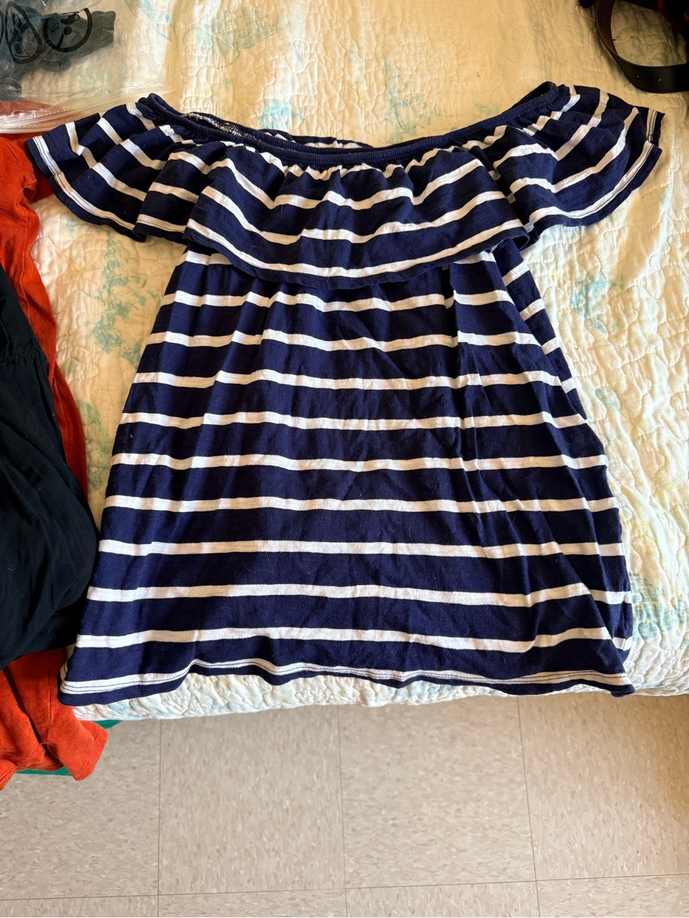 Women’s  Navy and White Off-Shoulder Stripe Shirt